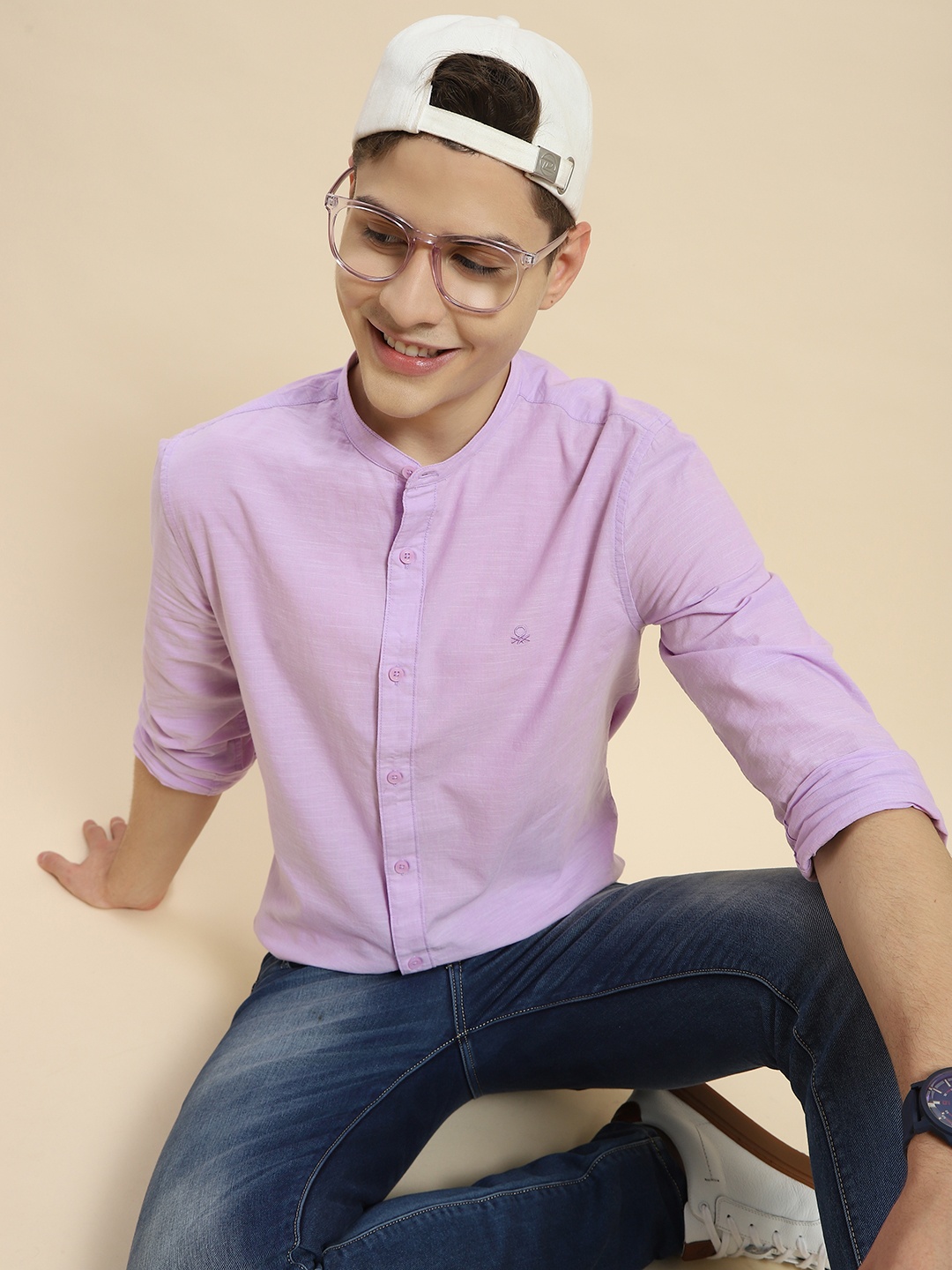 United Colors of Benetton Cotton Slim Fit Opaque Casual Shirt, Lavender