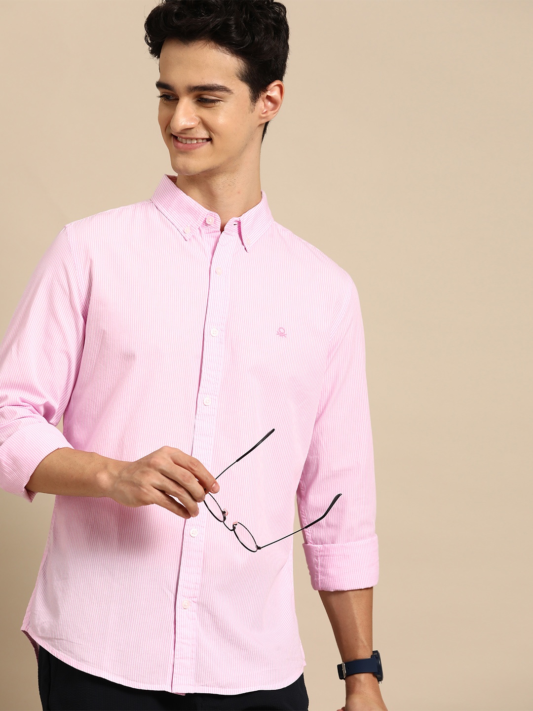 

United Colors of Benetton Striped Slim Fit Pure Cotton Shirt, Pink