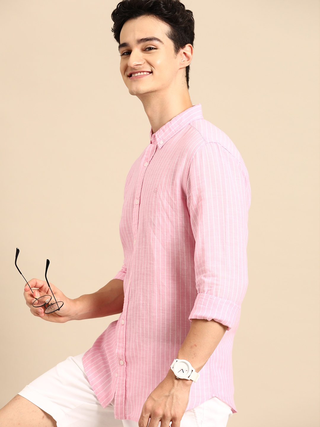 United Colors of Benetton Slim Fit Striped Cotton Linen Shirt, Pink