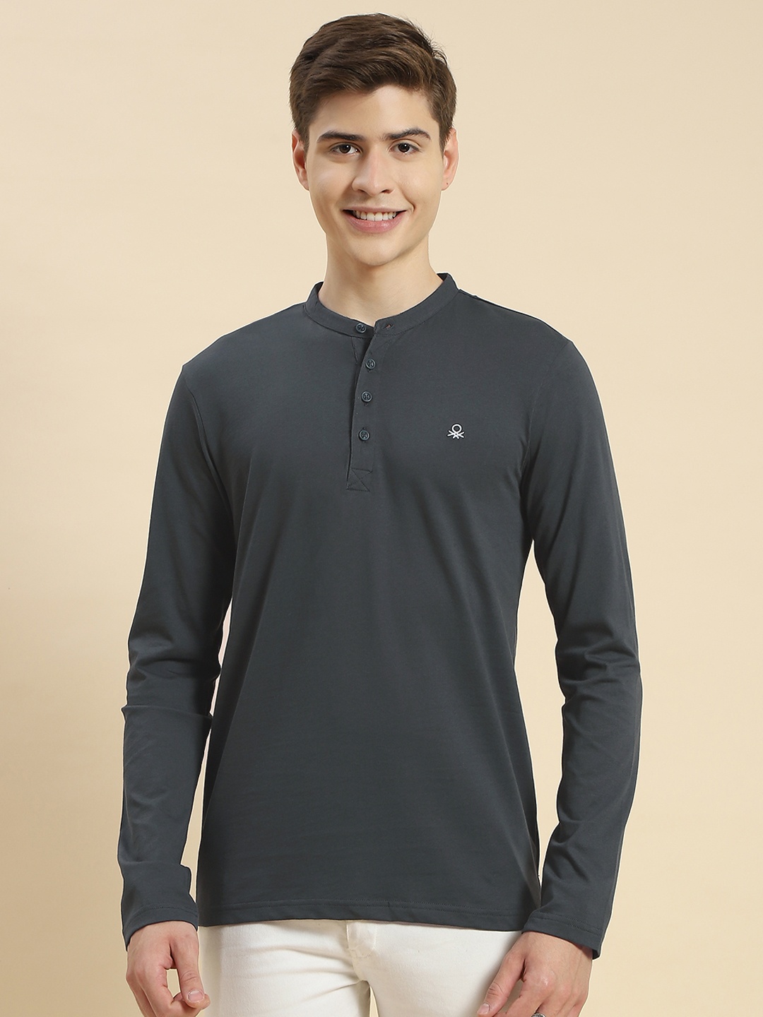 

United Colors of Benetton Henley Neck Pure Cotton Slim Fit T-shirt, Charcoal