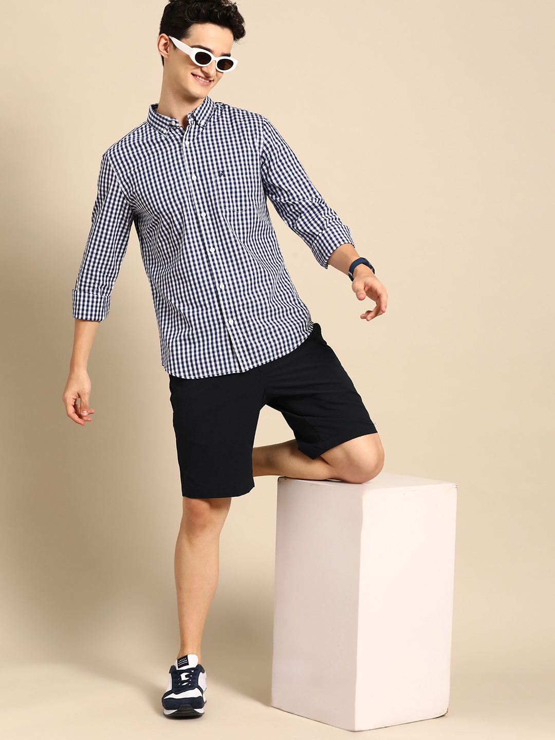 

United Colors of Benetton Slim Fit Gingham Checks Cotton Shirt, Navy blue