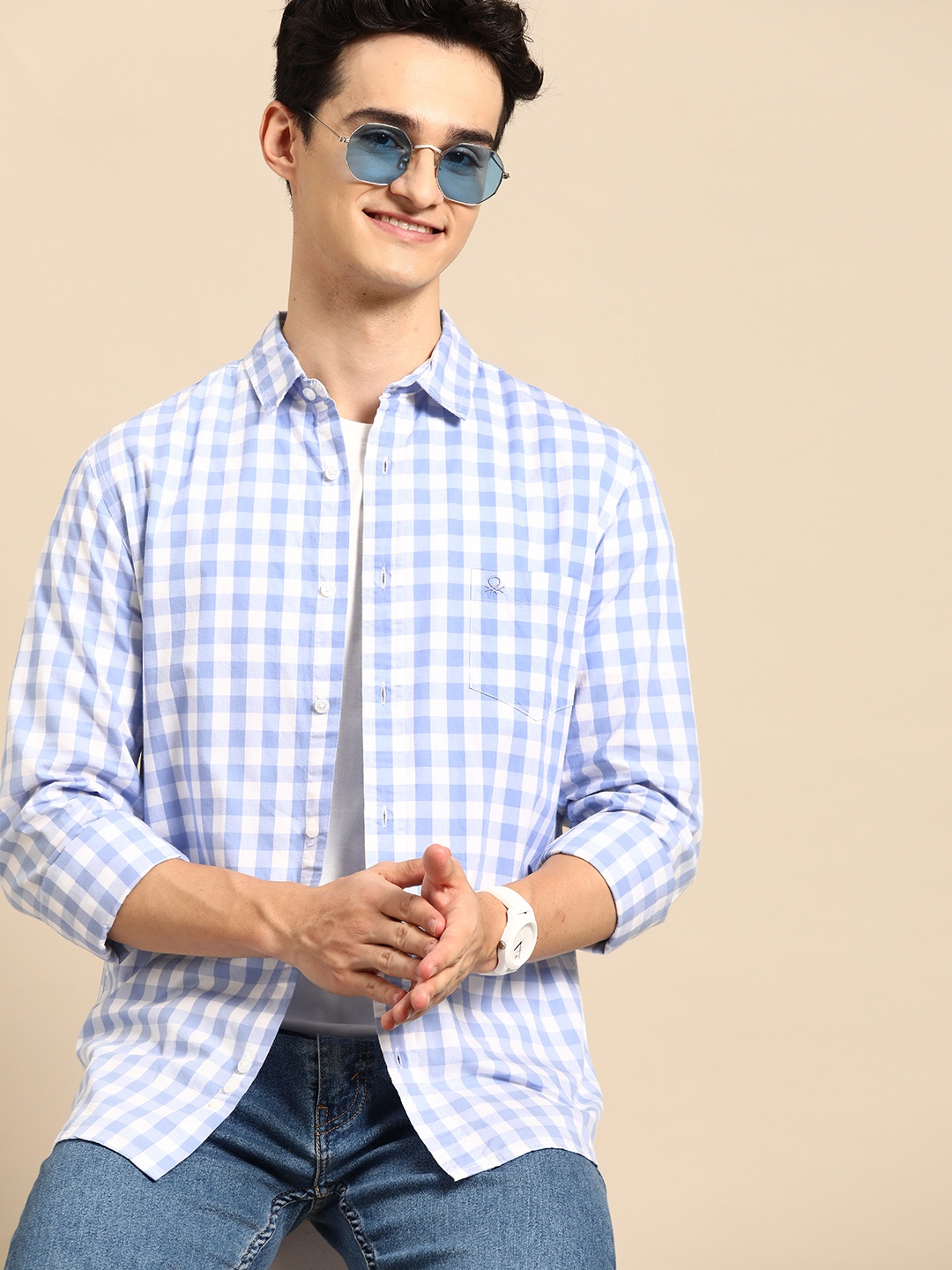 

United Colors of Benetton Men Slim Fit Checked Pure Cotton Casual Shirt, Blue