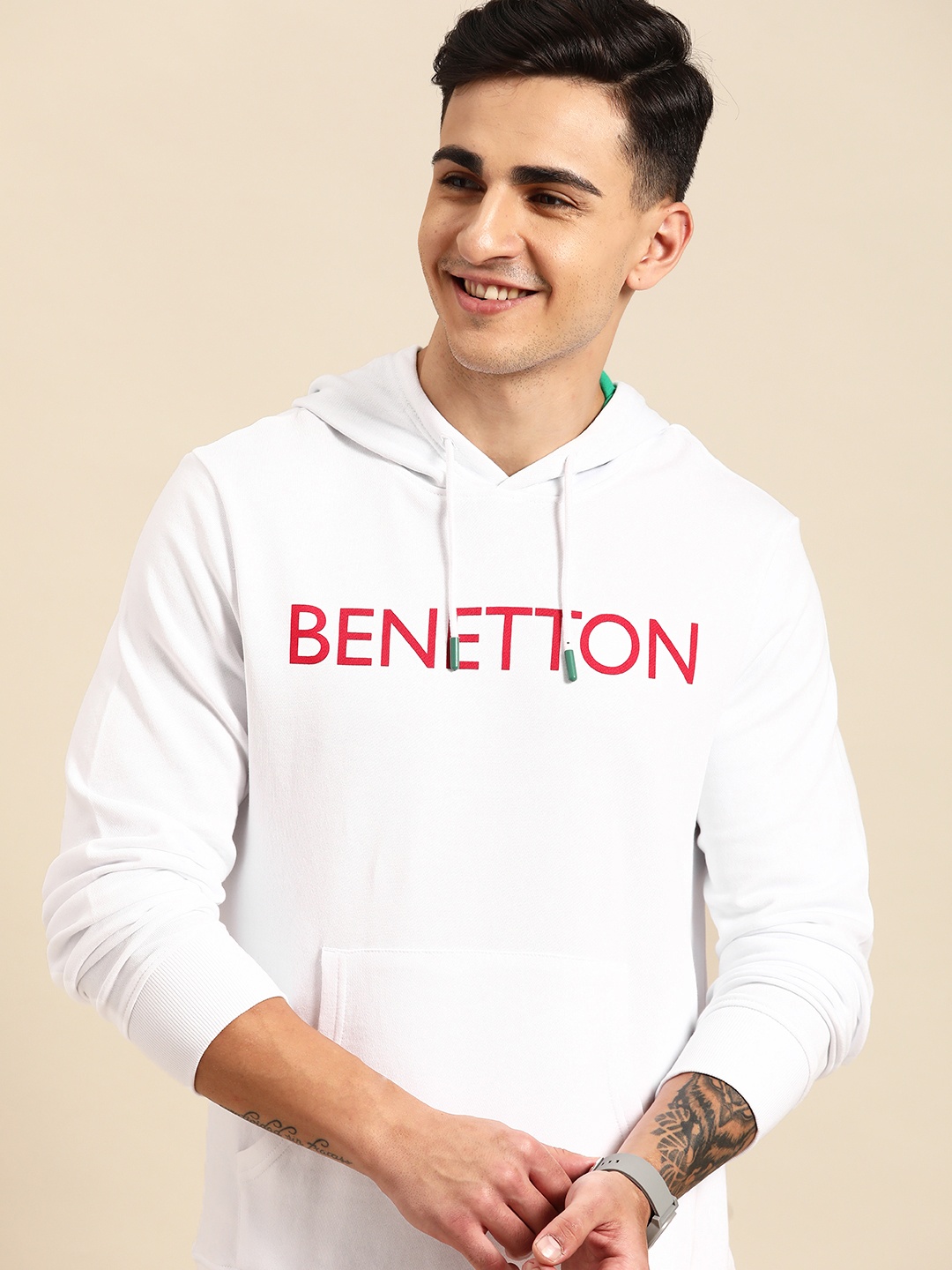 

United Colors of Benetton Men Pure Cotton Printed Hooded Sweatshirt, White