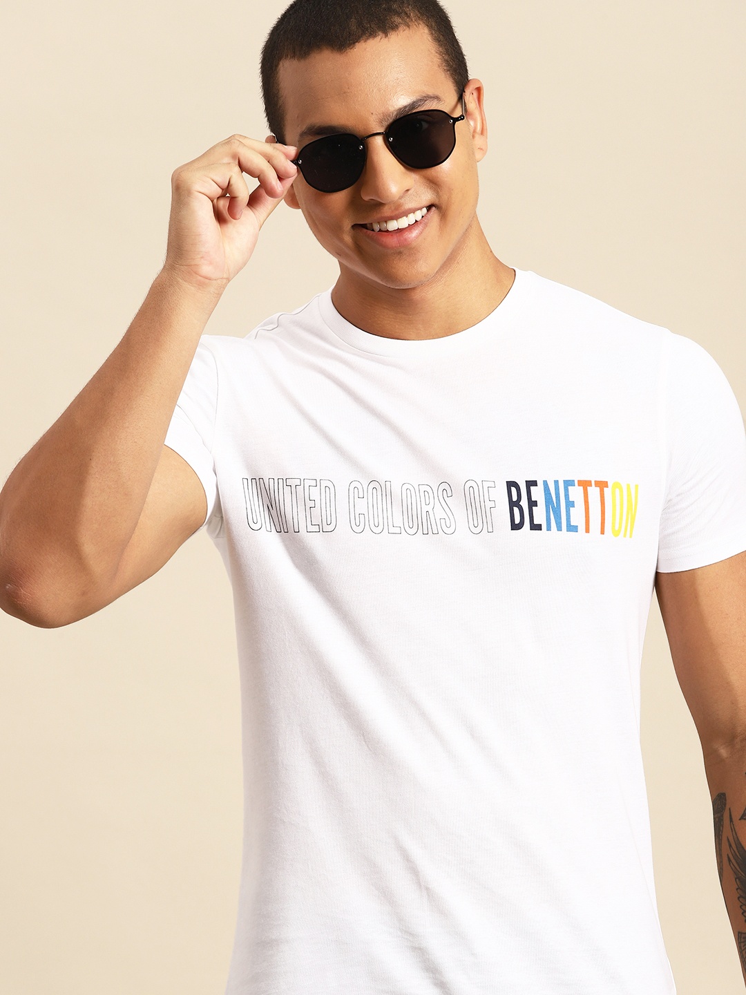 

United Colors of Benetton Men Brand Logo Printed Pure Cotton T-shirt, White