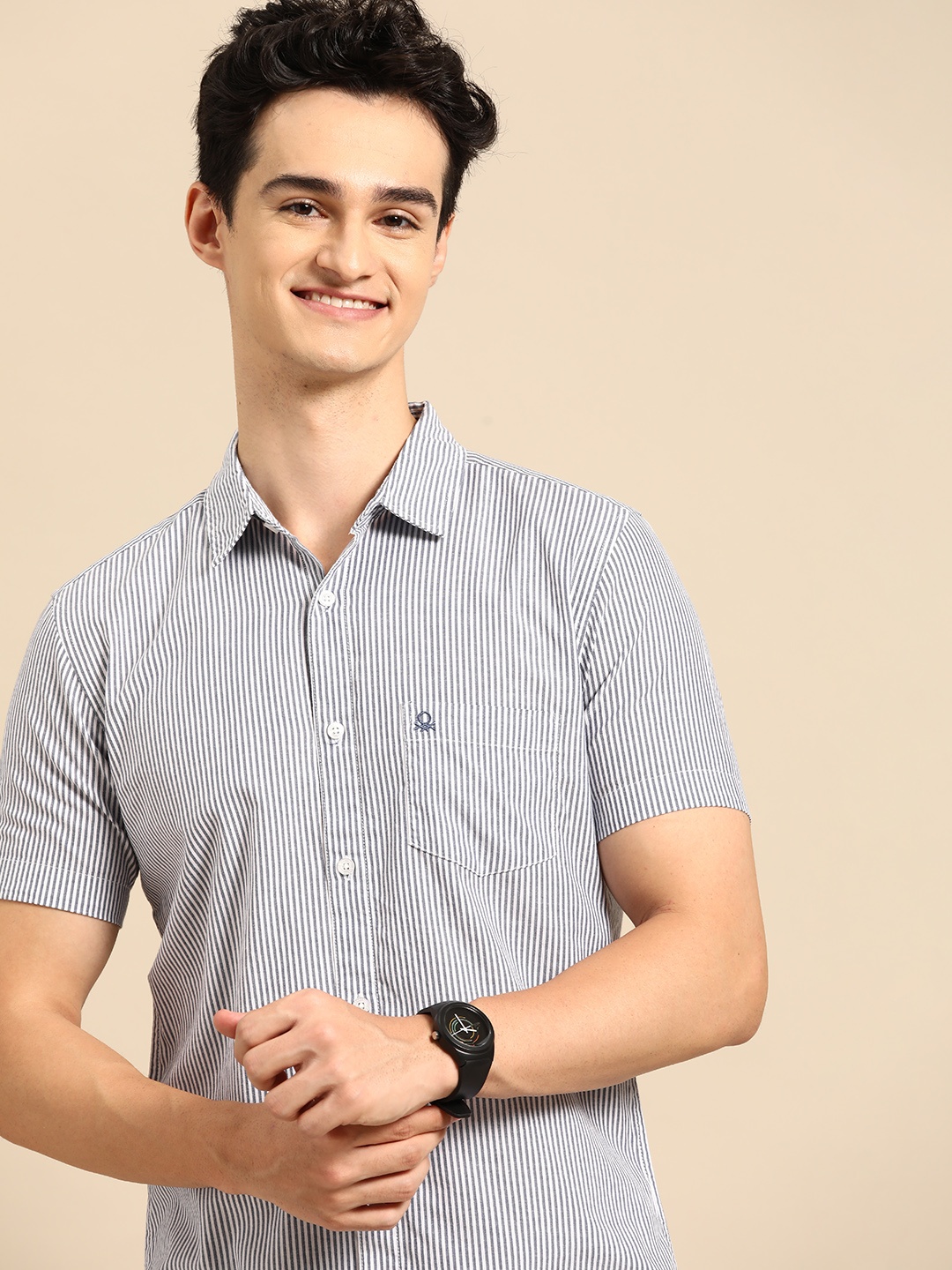 

United Colors of Benetton Men Slim Fit Striped Pure Cotton Casual Shirt, Navy blue