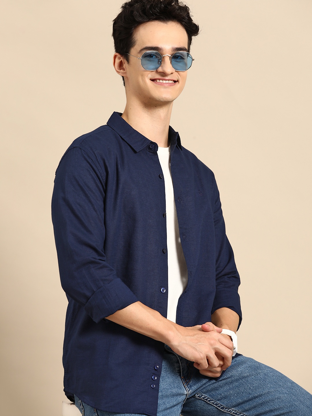 

United Colors of Benetton Cotton Linen Slim Fit Casual Shirt, Navy blue