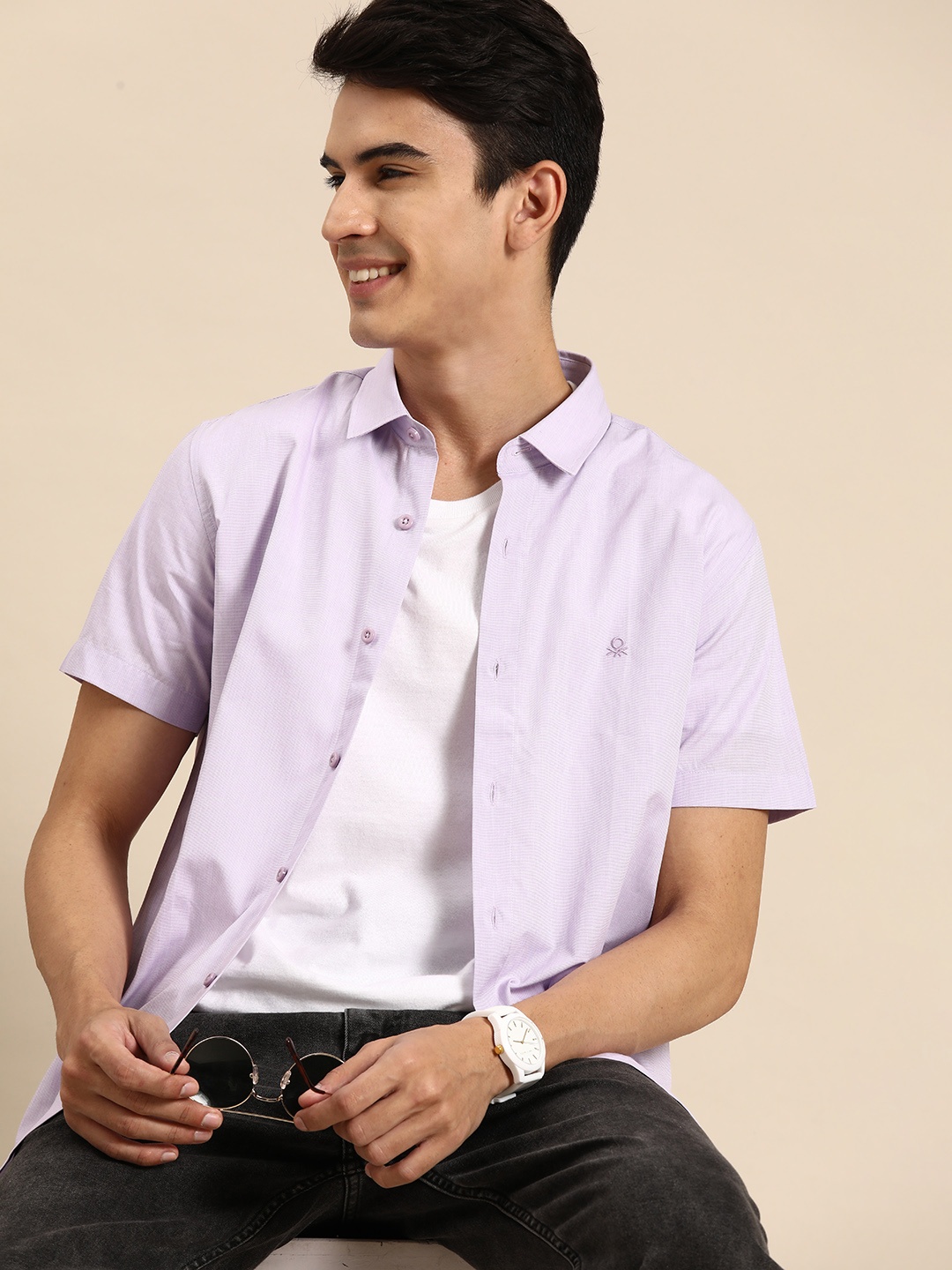 United Colors of Benetton Pure Cotton Casual Shirt, Lavender