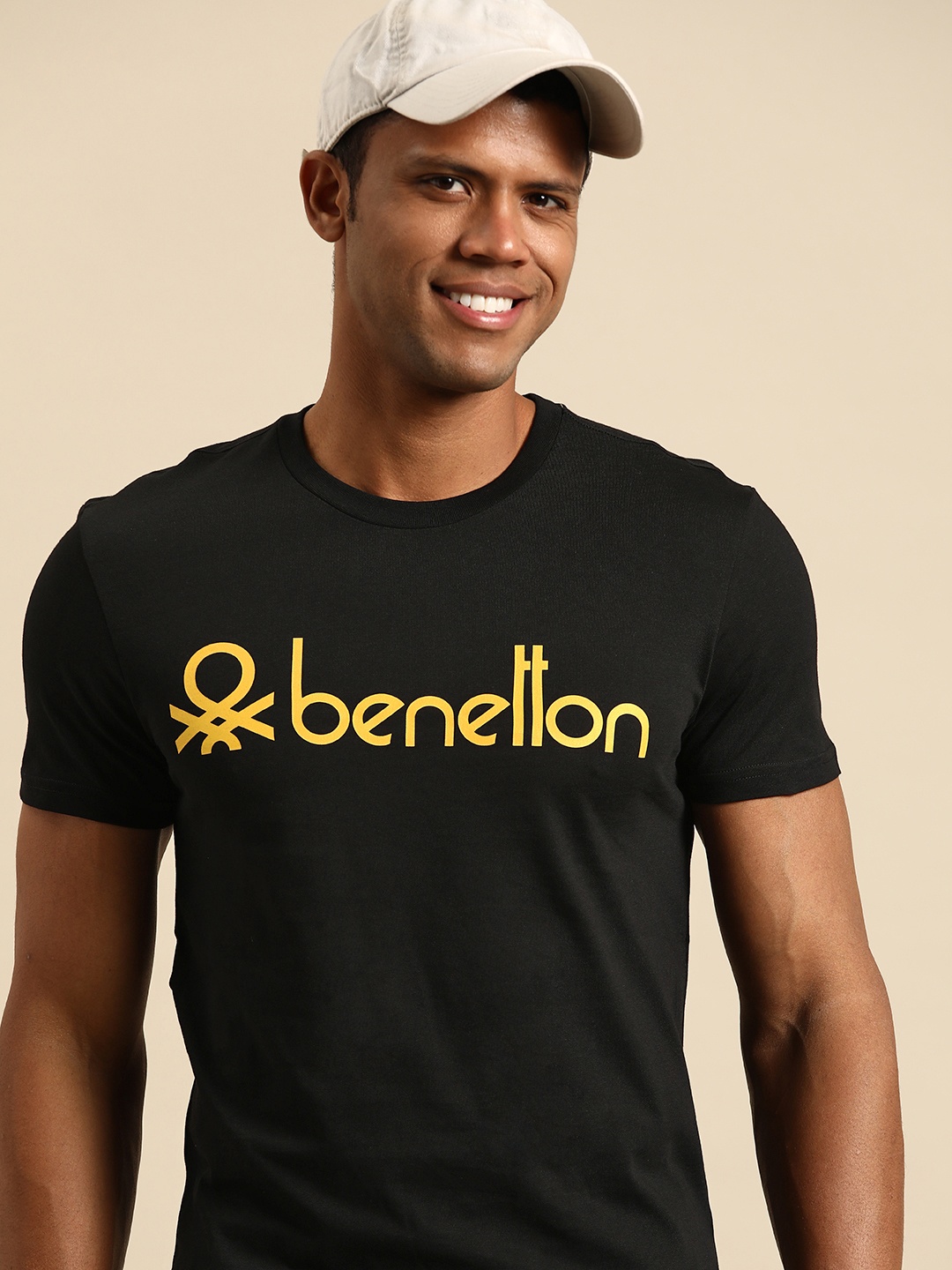 

United Colors of Benetton Men Brand Logo Printed Pure Cotton T-shirt, Black