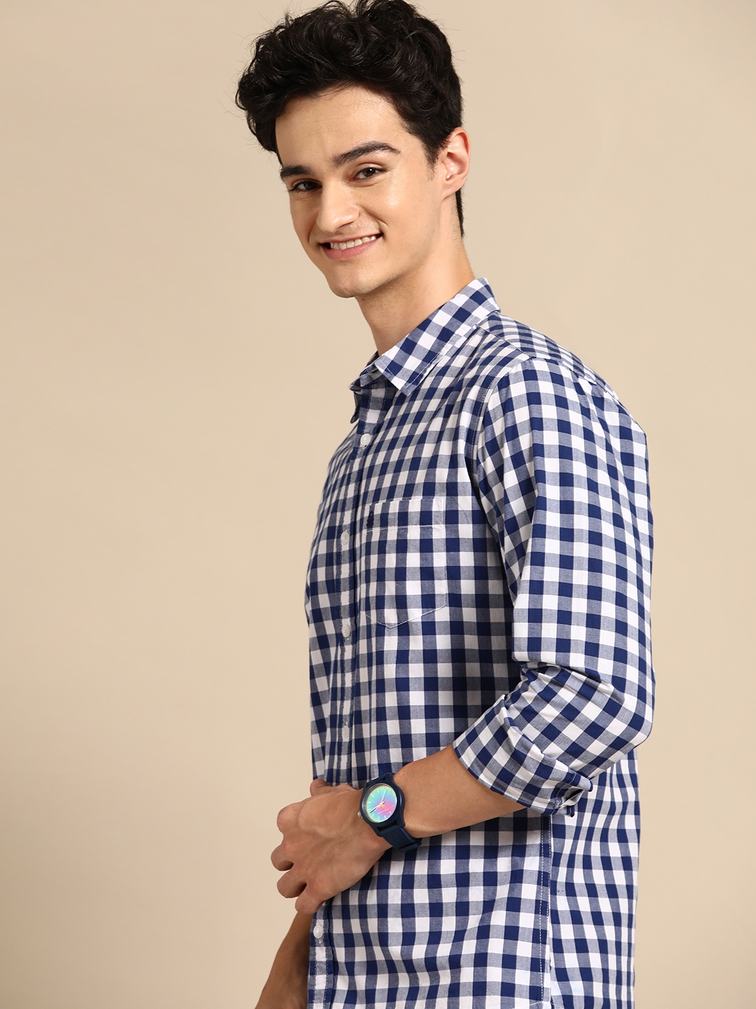 

United Colors of Benetton Men Pure Cotton Gingham Checked Casual Shirt, Navy blue