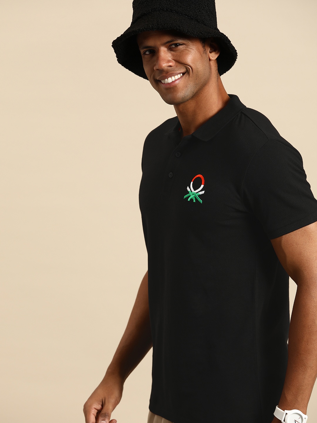 

United Colors of Benetton Men Polo Collar Pure Cotton T-shirt, Black