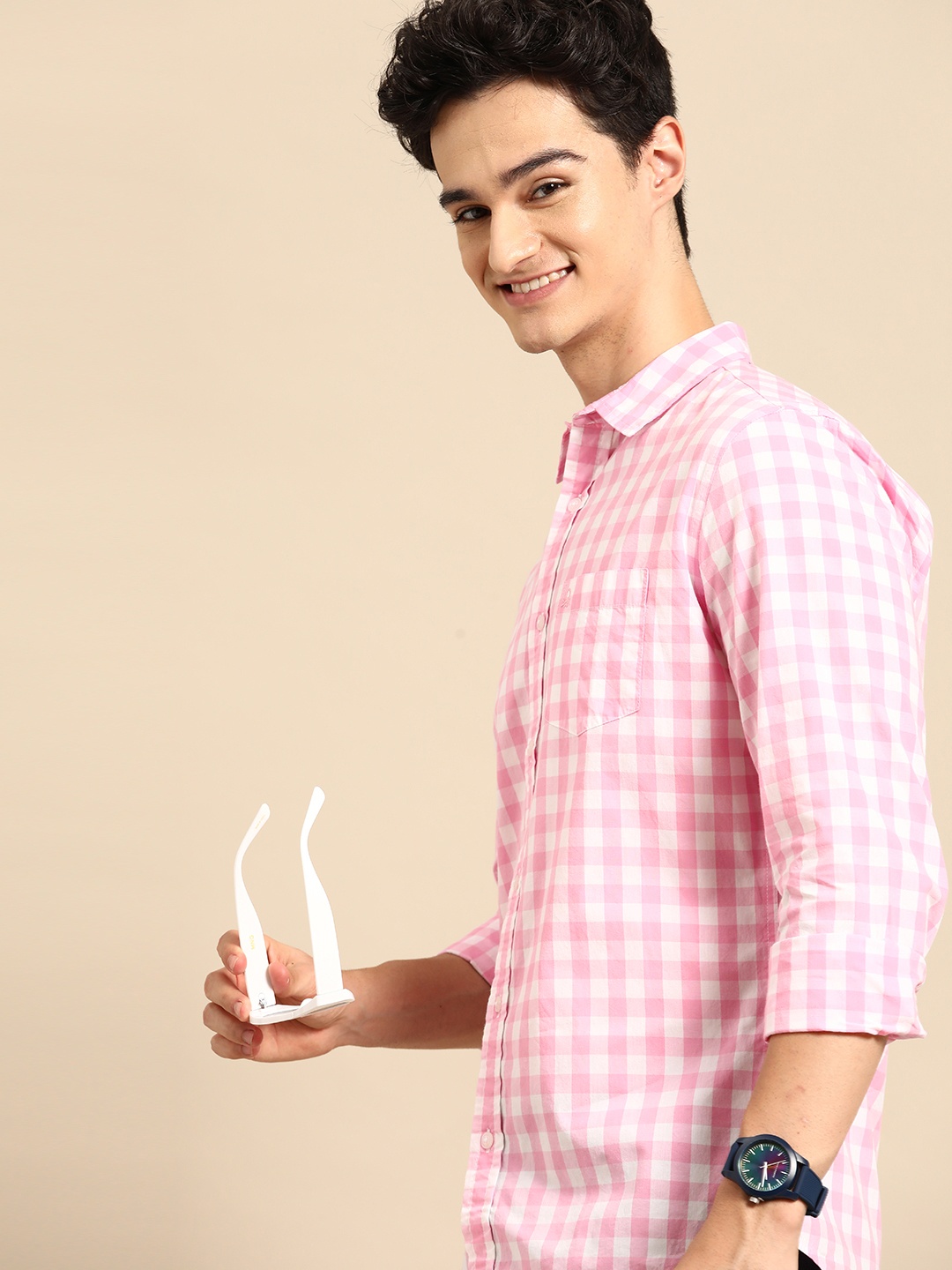 United Colors of Benetton Slim Fit Gingham Checks Checked Cotton Shirt, Pink