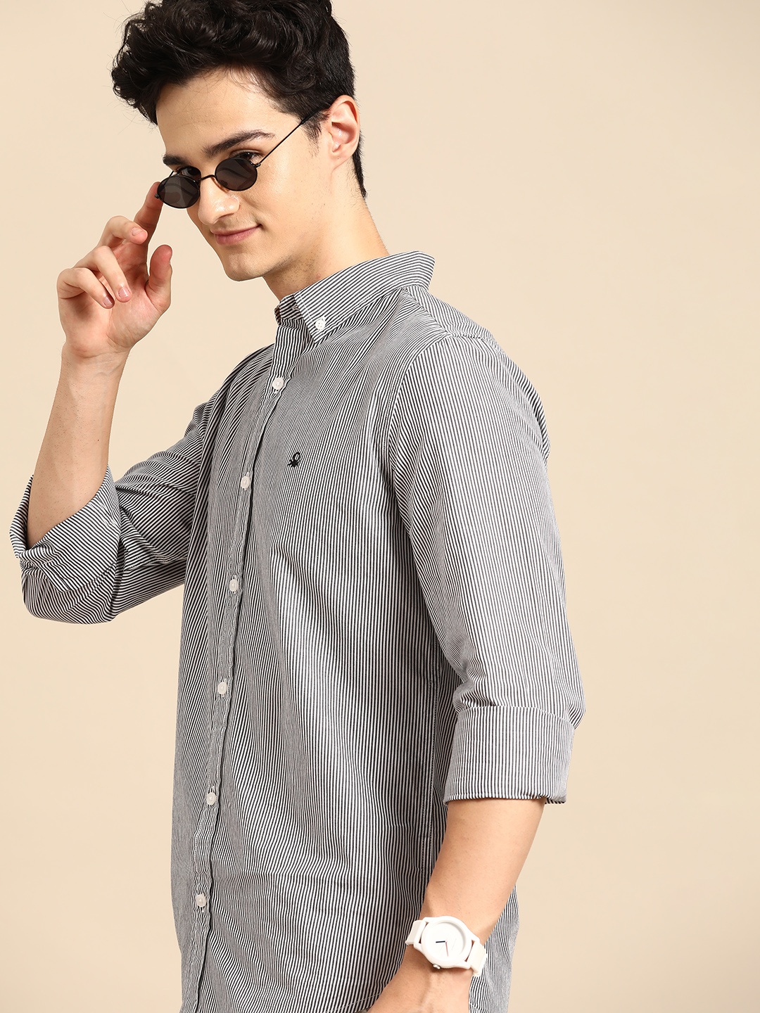 United Colors of Benetton Slim Fit Striped Cotton Shirt, Grey
