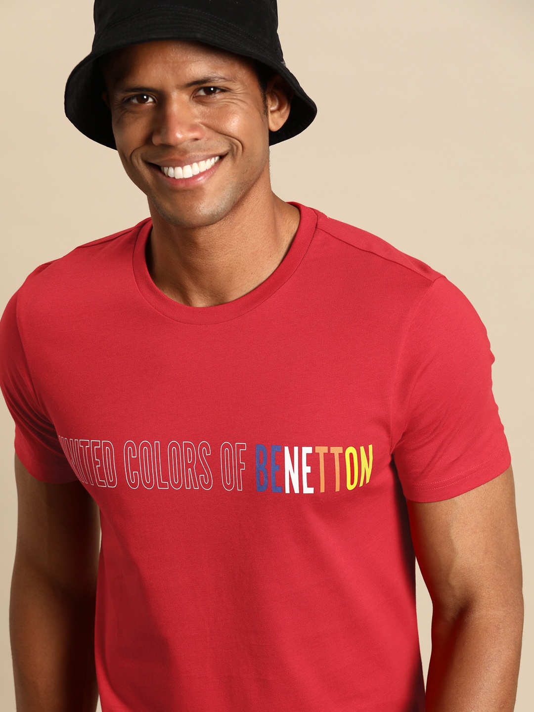 

United Colors of Benetton Men Brand Logo Printed Pure Cotton T-shirt, Red