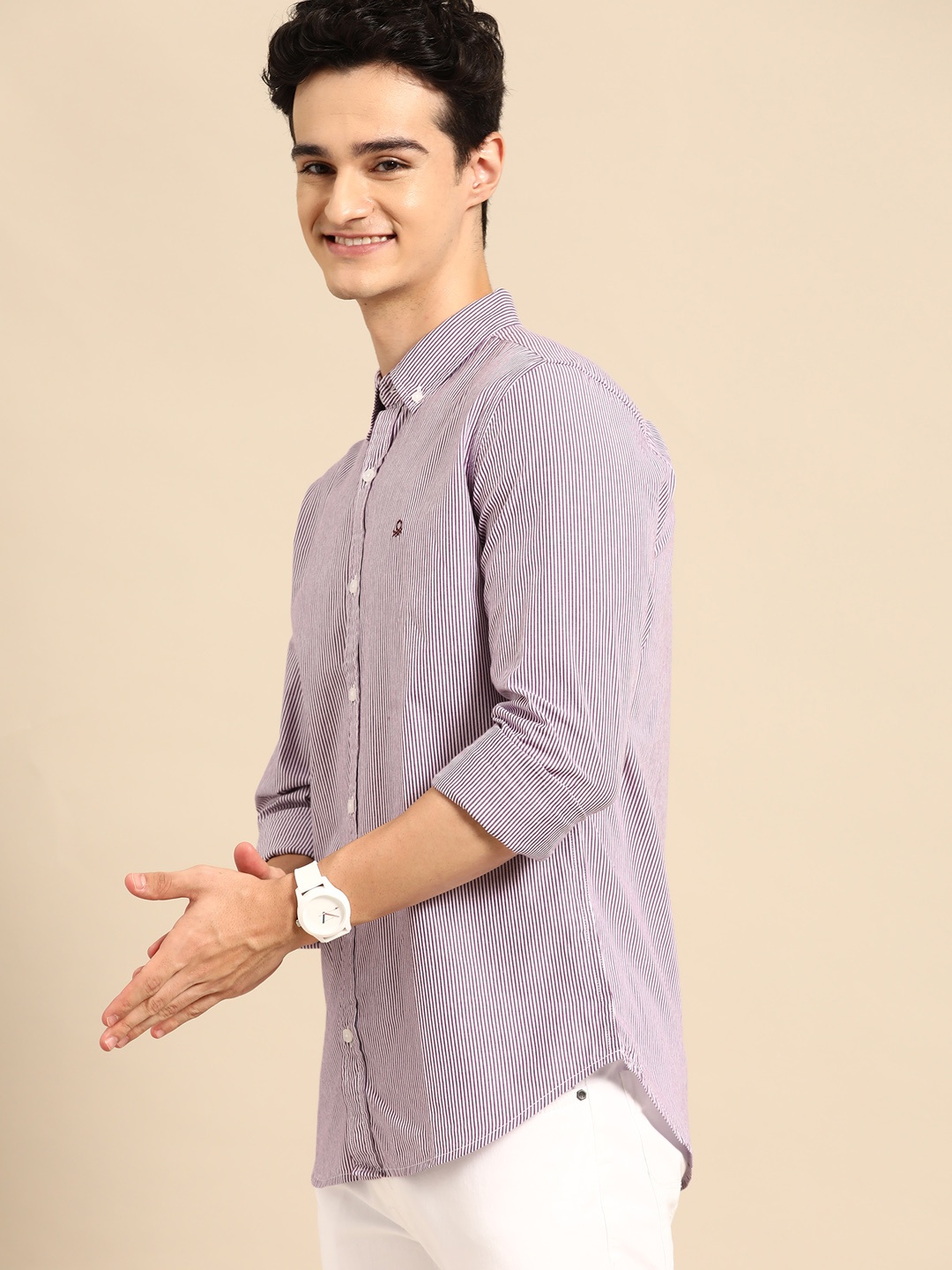 

United Colors of Benetton Slim Fit Striped Pure Cotton Shirt, Purple