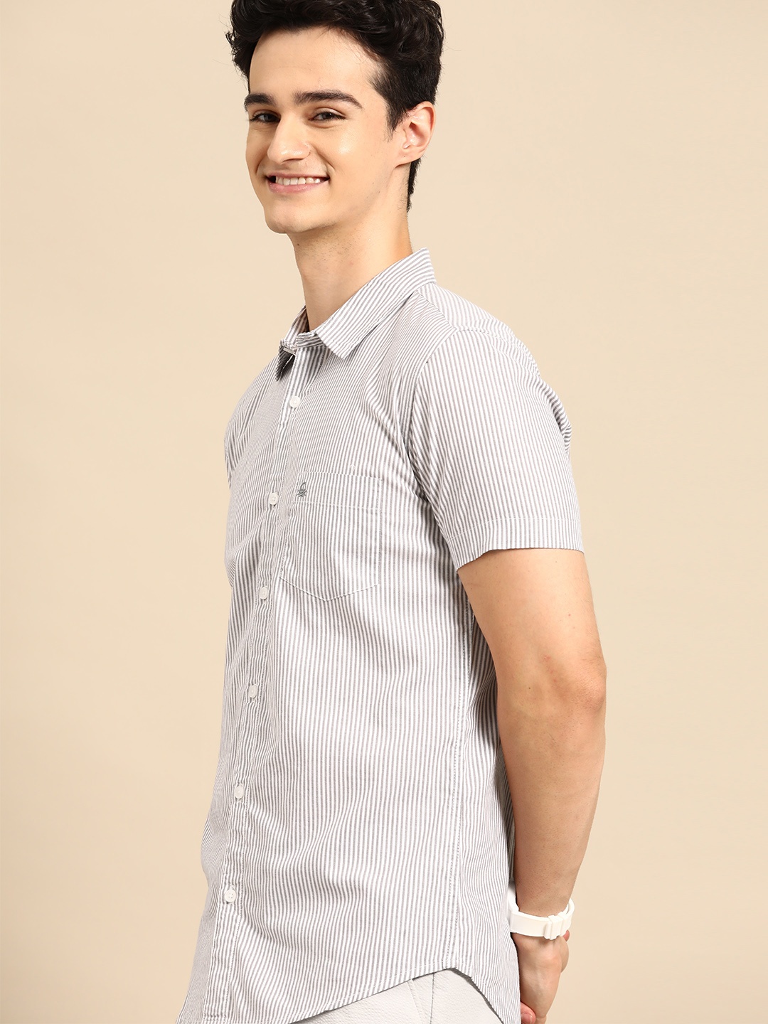 

United Colors of Benetton Slim Fit Striped Pure Cotton Shirt, Grey