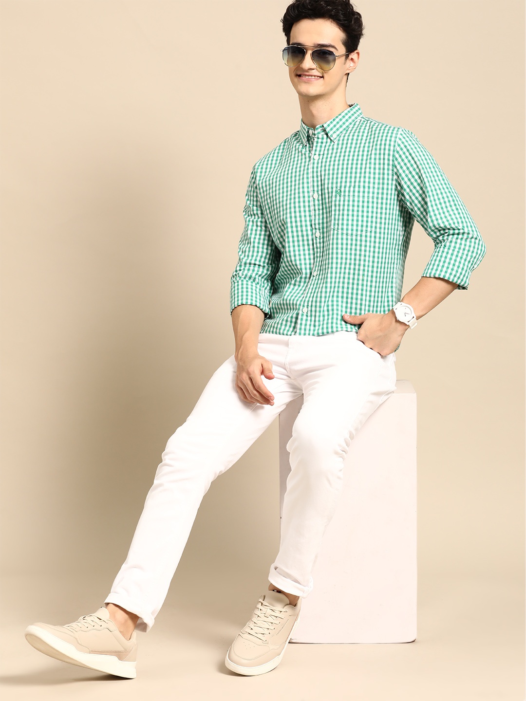 

United Colors of Benetton Gingham Checks Slim Fit Cotton Shirt, Green