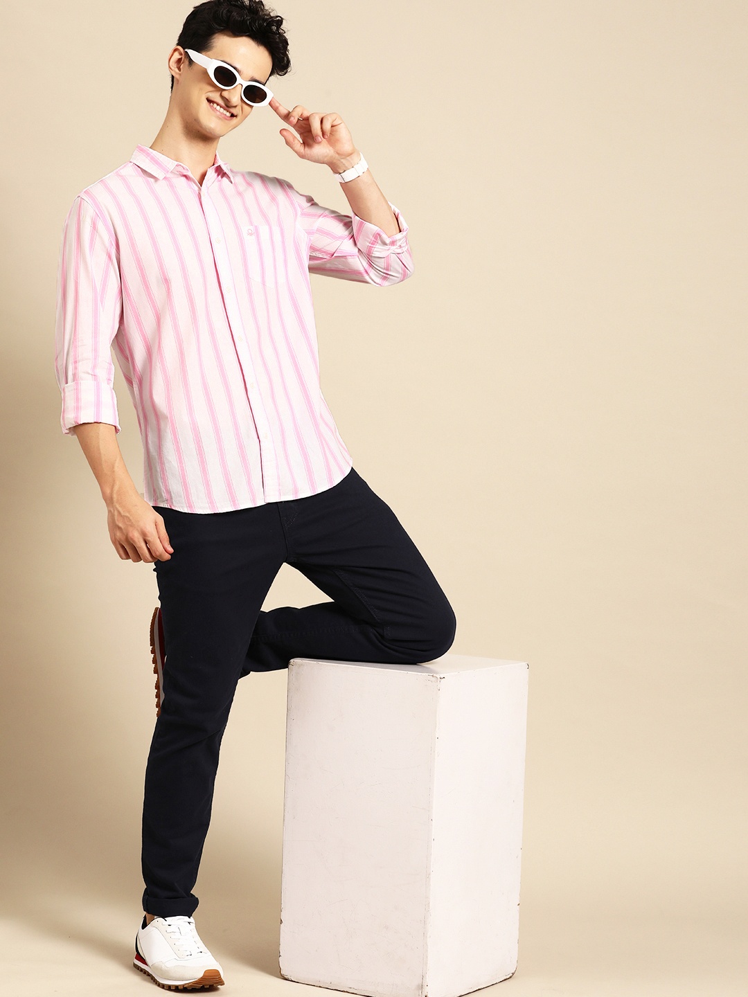 

United Colors of Benetton Slim Fit Striped Cotton Shirt, Pink