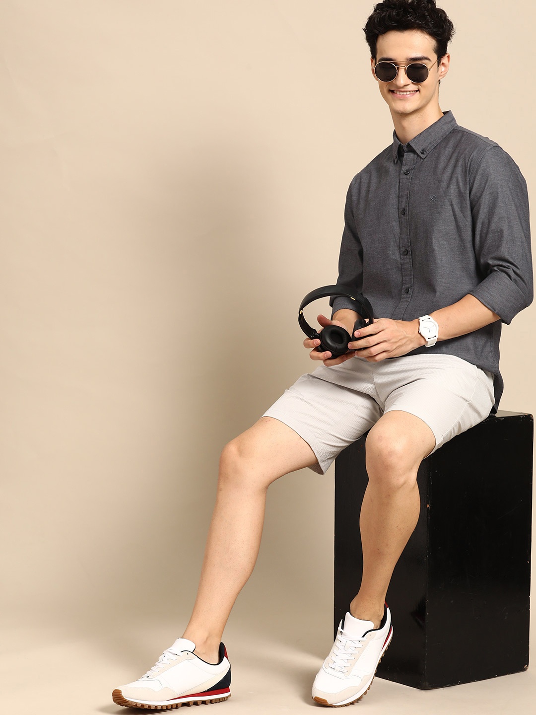 

United Colors of Benetton Slim Fit Oxford Cotton Shirt, Charcoal