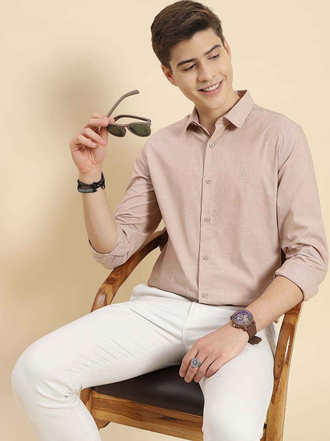 

United Colors of Benetton Cotton Slim Fit Opaque Casual Shirt, Beige
