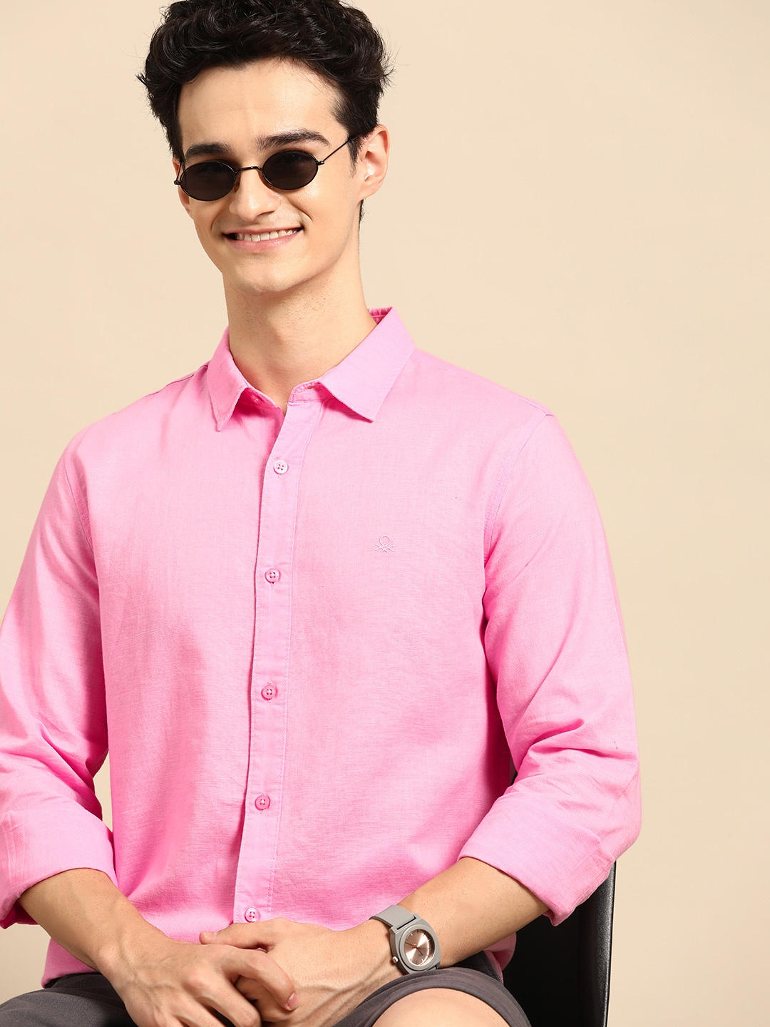 United Colors of Benetton Slim Fit Cotton Linen Shirt, Pink