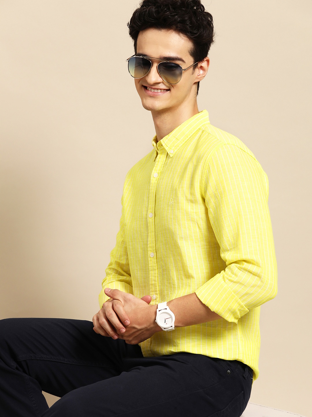 

United Colors of Benetton Slim Fit Striped Cotton Linen Shirt, Yellow