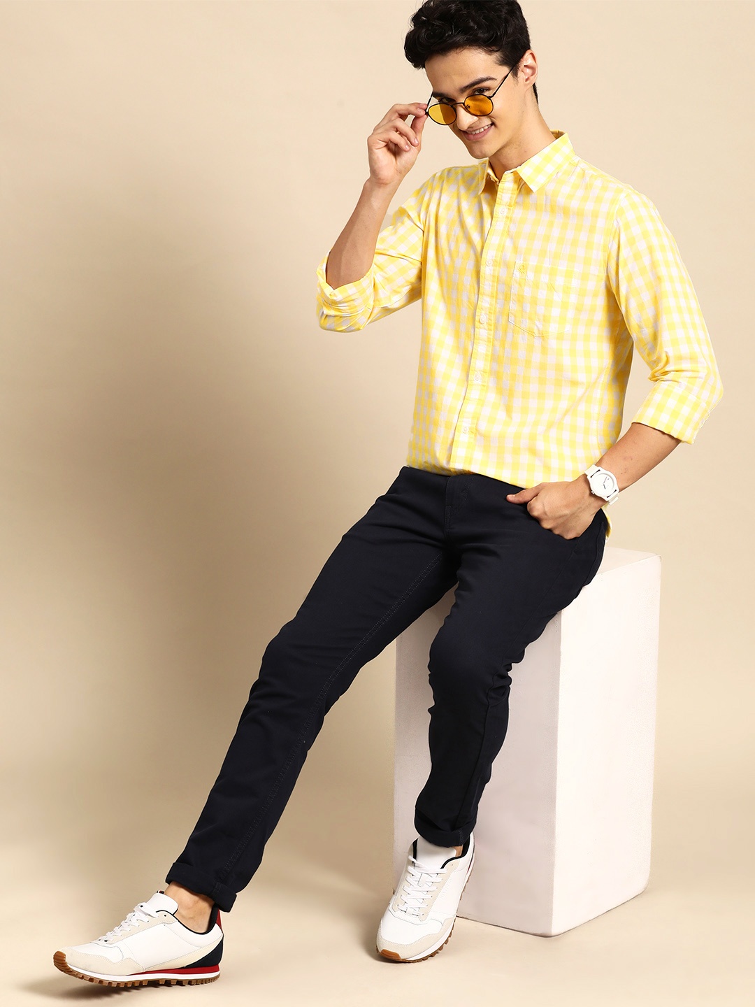 

United Colors of Benetton Slim Fit Gingham Checks Cotton Shirt, Yellow