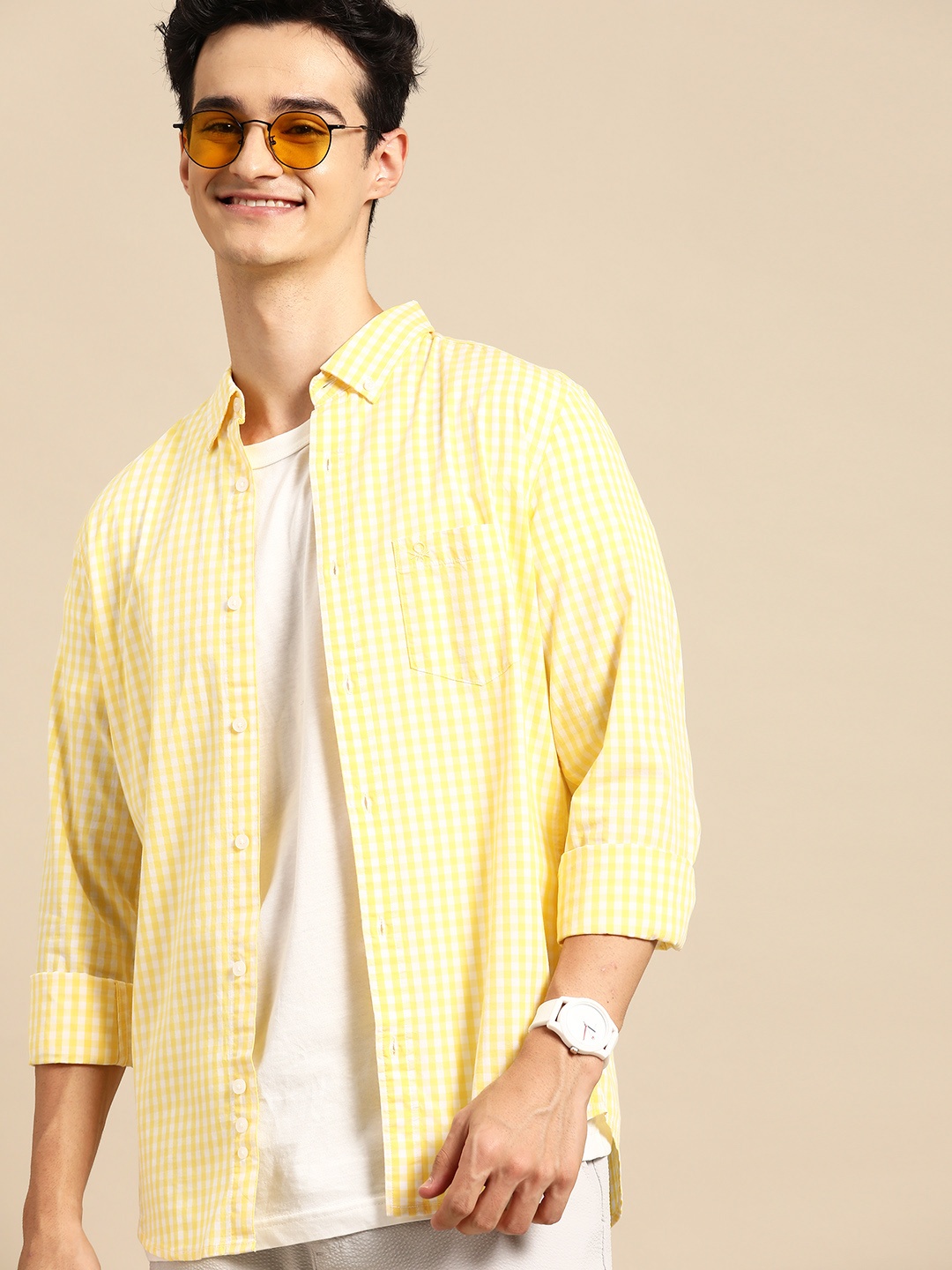 

United Colors of Benetton Men Gingham Checked Pure Cotton Casual Shirt, Yellow