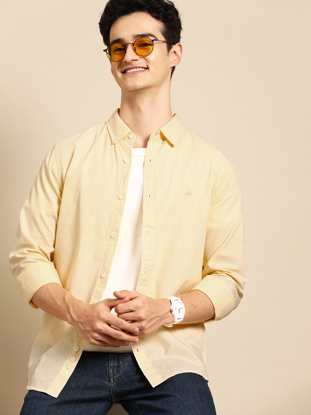 

United Colors of Benetton Men Pure Cotton Striped Casual Shirt, Yellow