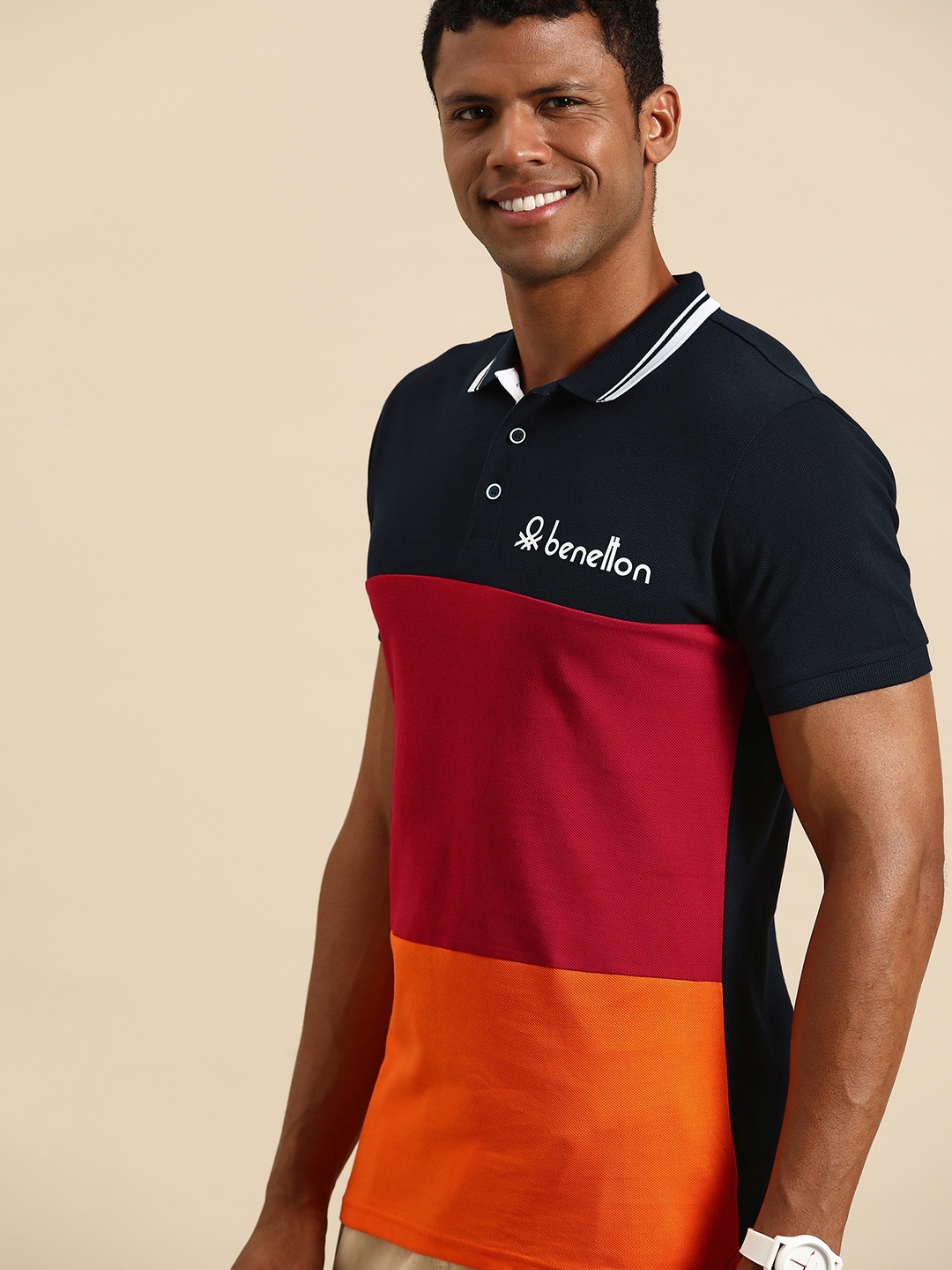 United Colors of Benetton Men Colourblocked Polo Collar Pure Cotton T-shirt, Navy blue