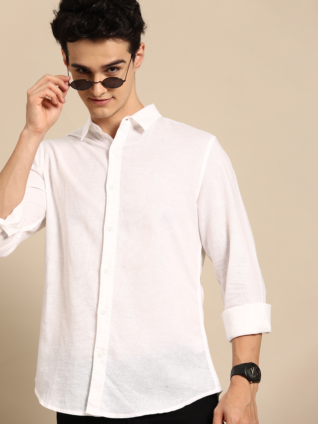 

United Colors of Benetton Men Cotton Linen Casual Shirt, White