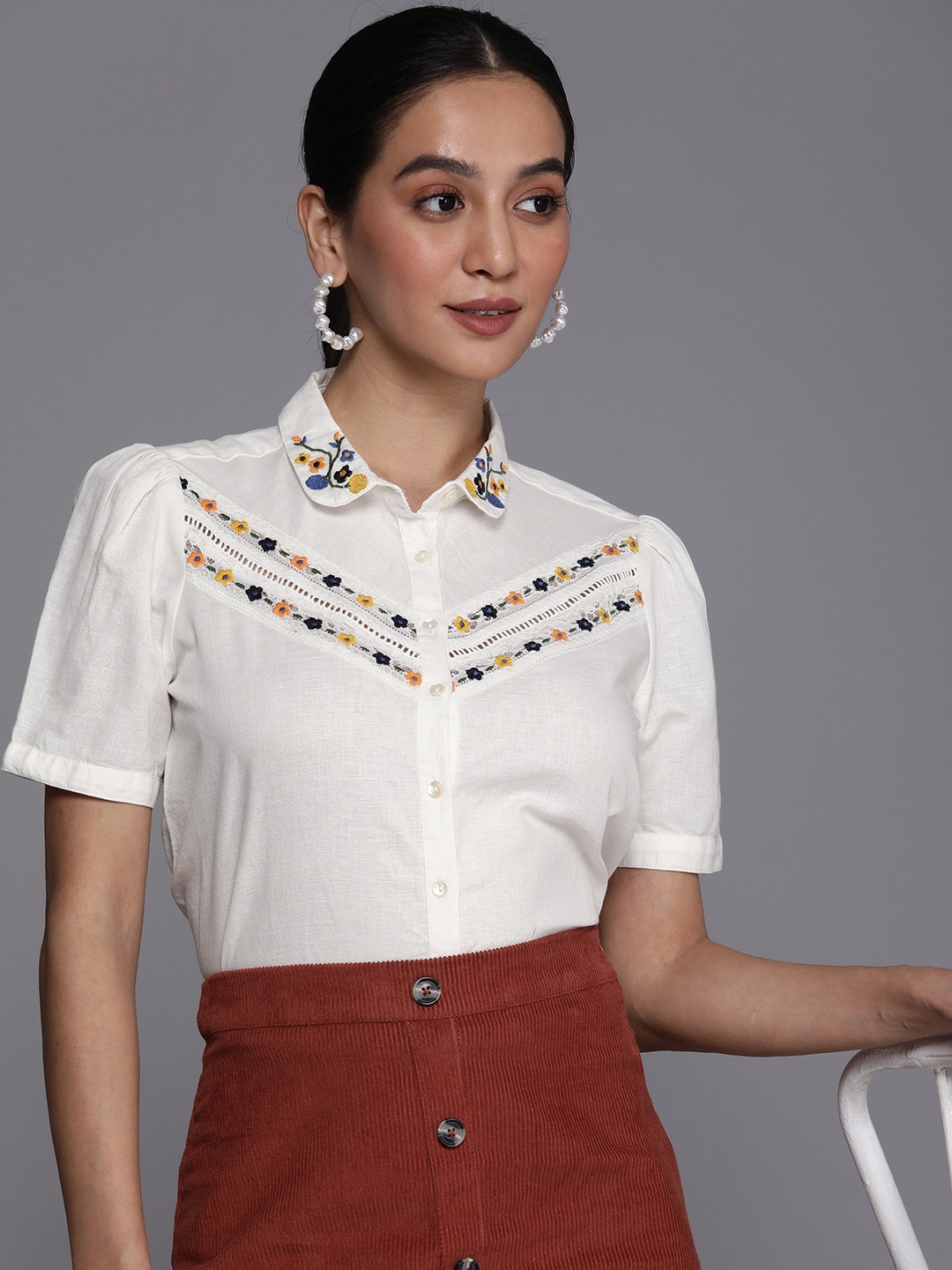 

Allen Solly Woman Floral Embroidered Casual Shirt, White