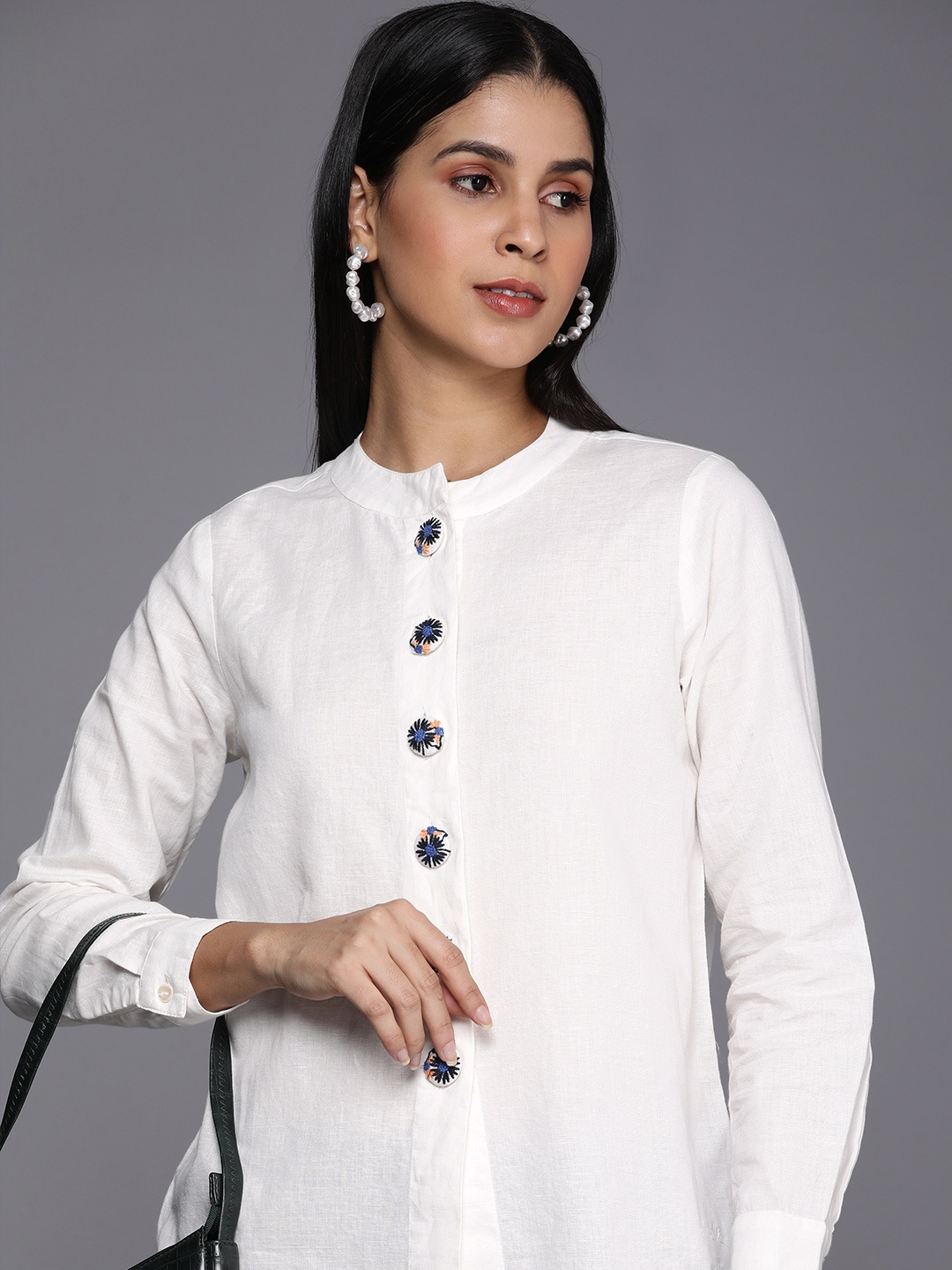 

Allen Solly Woman Embroidered Button Detail Mandarin Collar Shirt Style Top, White