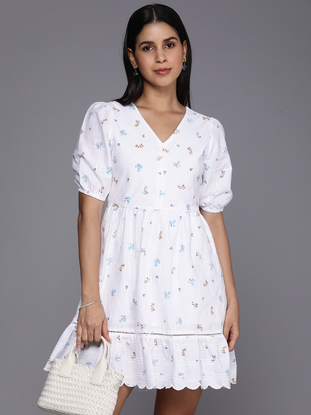 

Allen Solly Woman Pure Cotton Floral Print Puff Sleeve Fit & Flare Dress, White