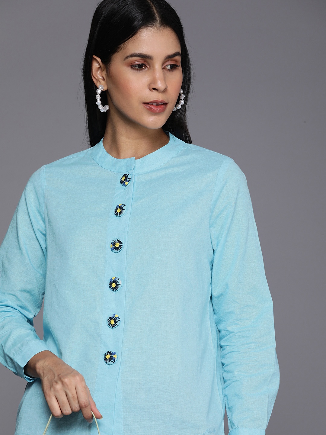 

Allen Solly Woman Embroidered Button Detail Mandarin Collar Shirt Style Top, Blue