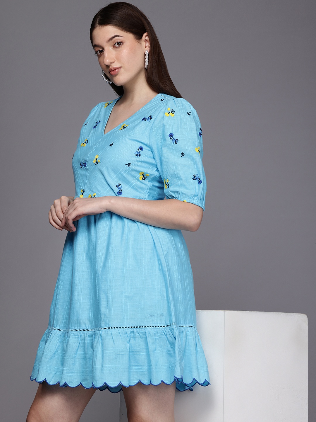 

Allen Solly Woman Pure Cotton Embroidered Puff Sleeve Fit & Flare Dress, Blue