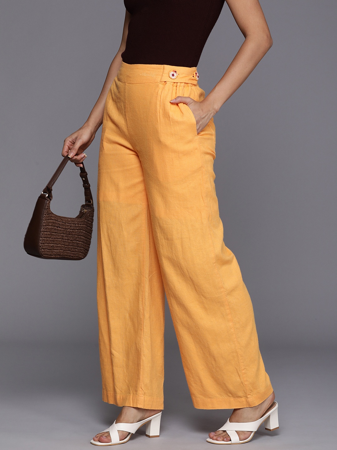 

Allen Solly Woman High-Rise Pleated Casual Trousers, Yellow