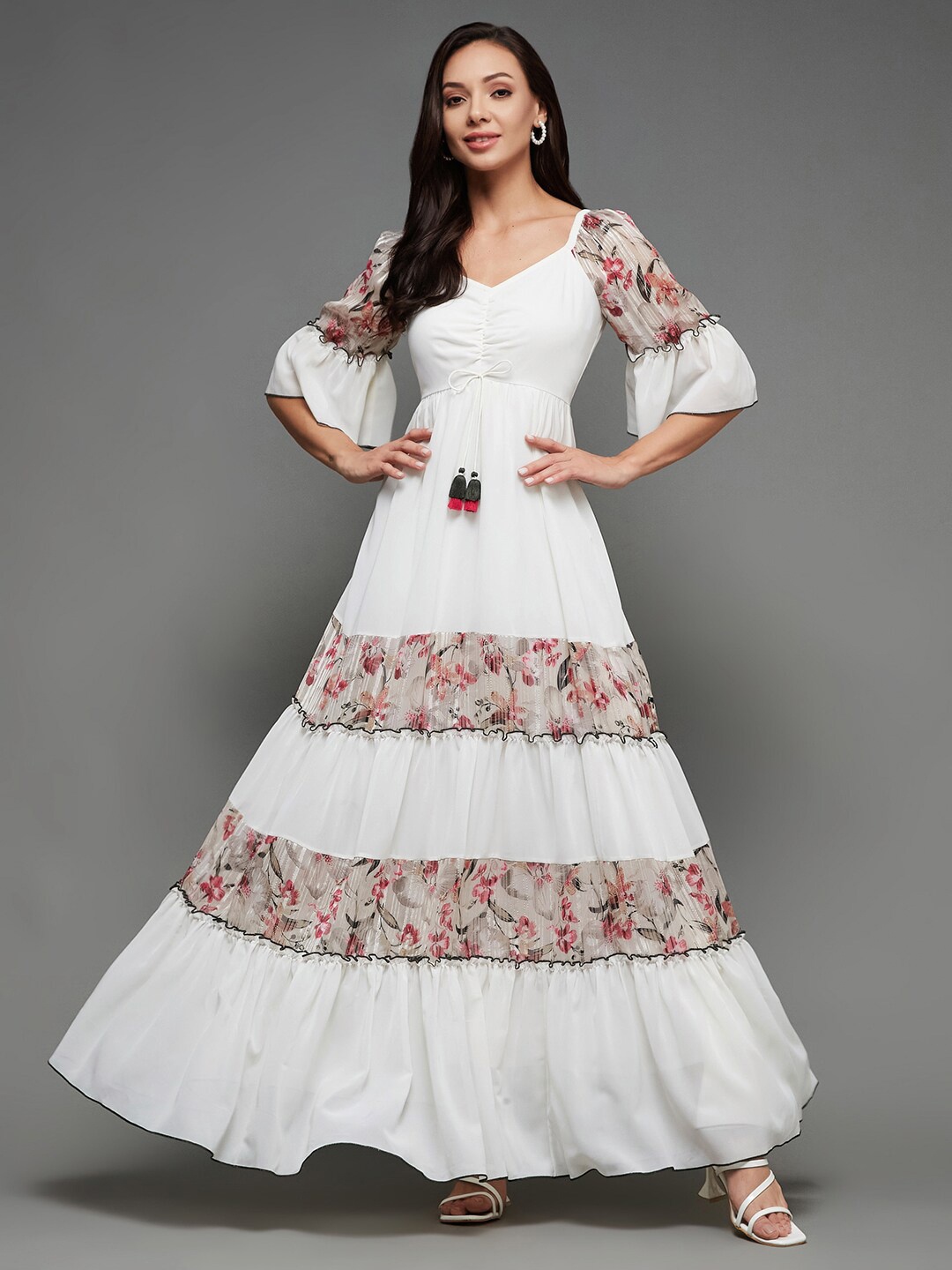 

Miss Chase Floral Printed Ruched Georgette Maxi Dress, White