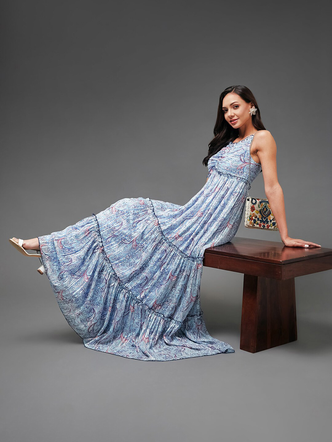 

Miss Chase Floral Printed Tiered Georgette Maxi Dress, Blue