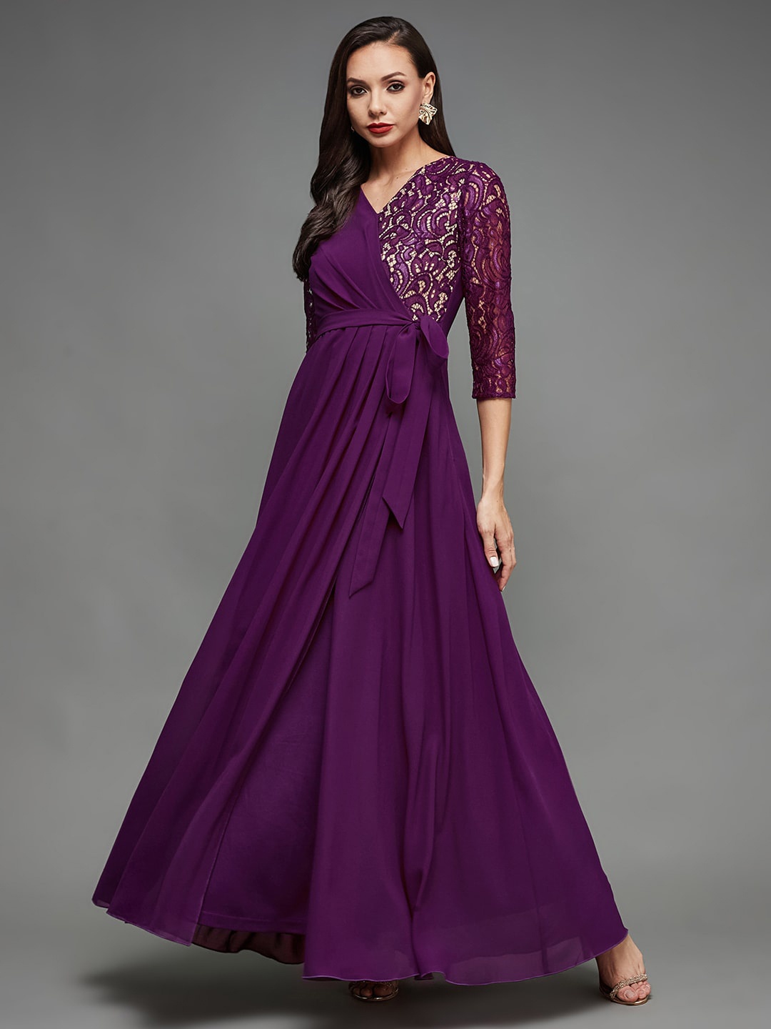 

Miss Chase V-Neck Pleated Lace Overlaid Maxi Gown, Violet