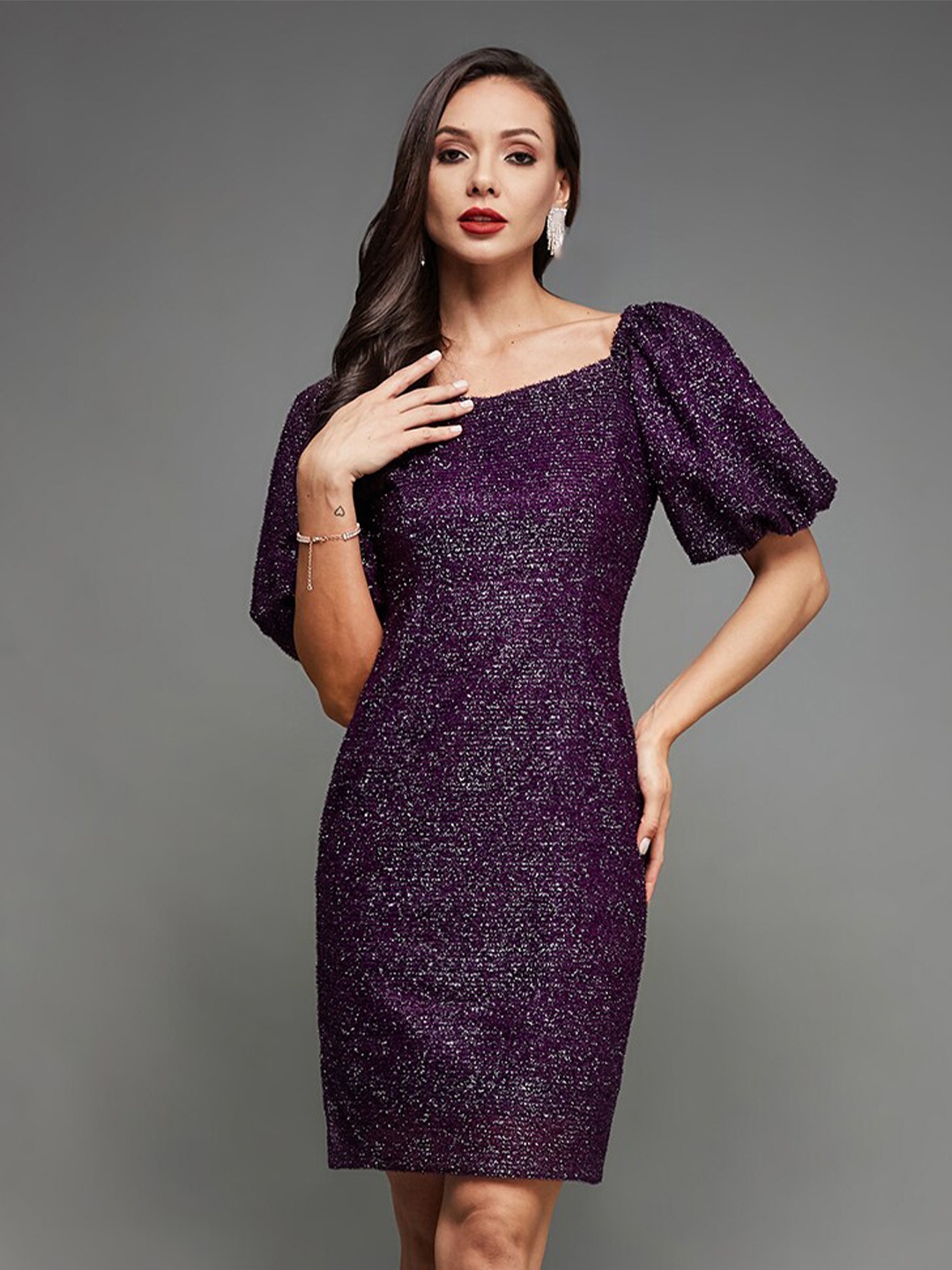 

Miss Chase Self Design Puff Sleeves Bodycon Dress, Violet