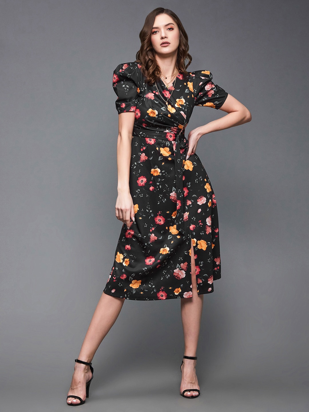 

Miss Chase Black Floral Printed V-Neck Puff Sleeve Attached Belt Wrap Dress