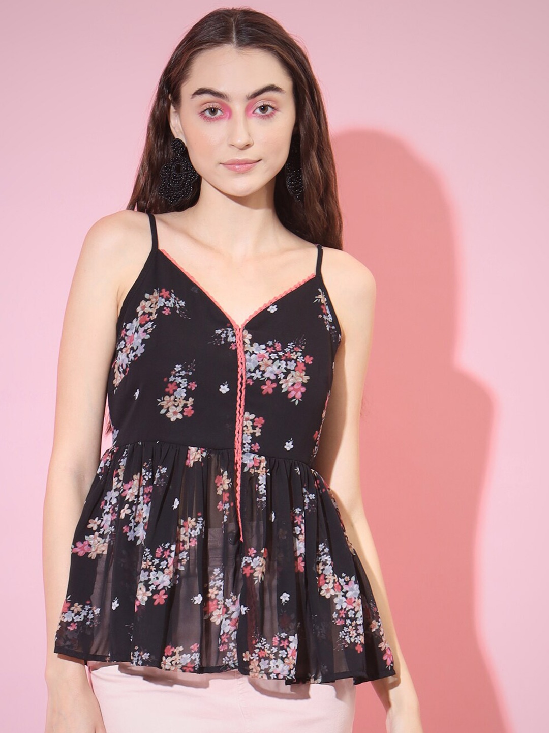 

Myshka Floral Printed Shoulder Straps Top, Black
