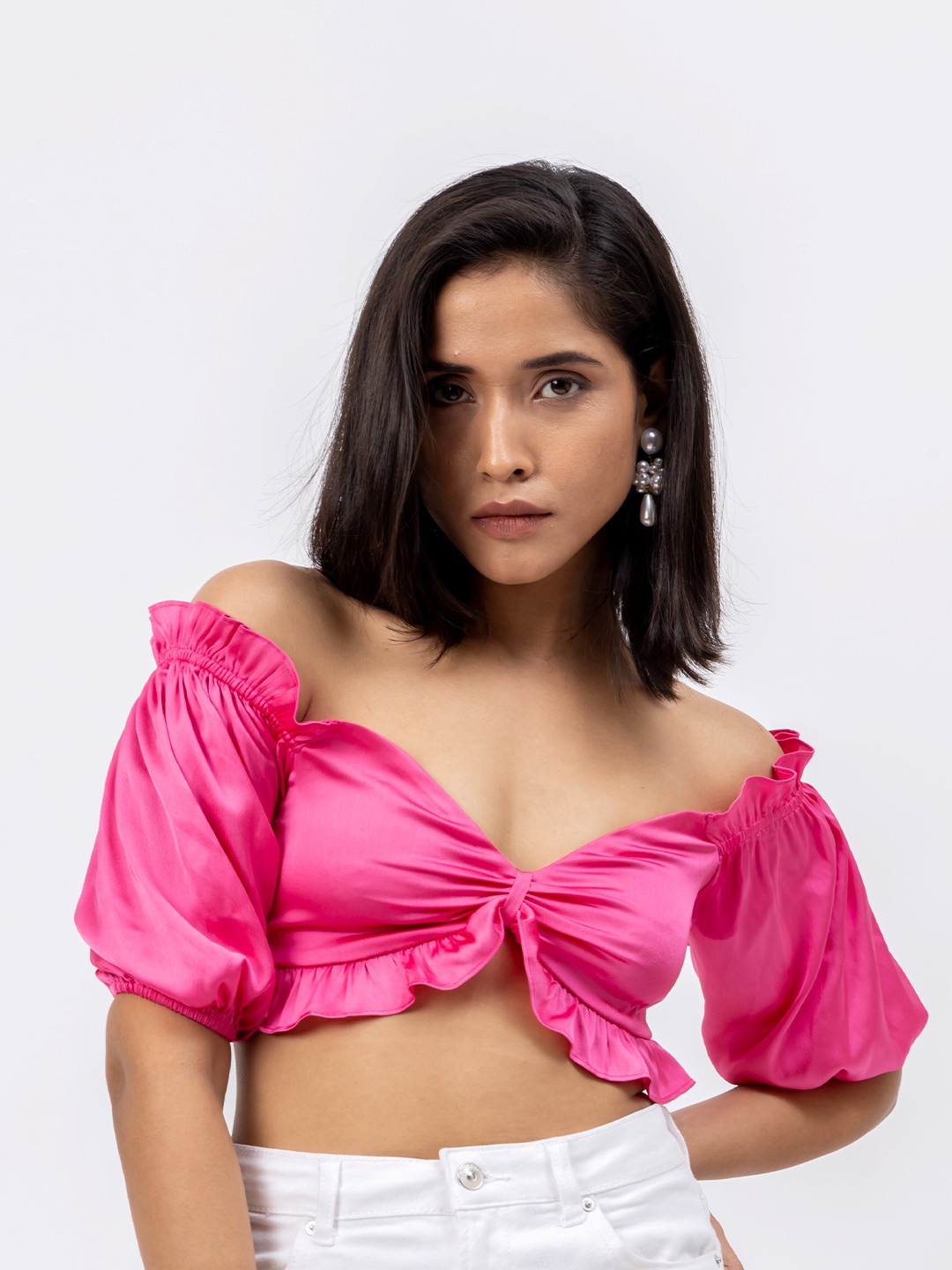 

H&M Cropped Ruffle Blouse, Pink