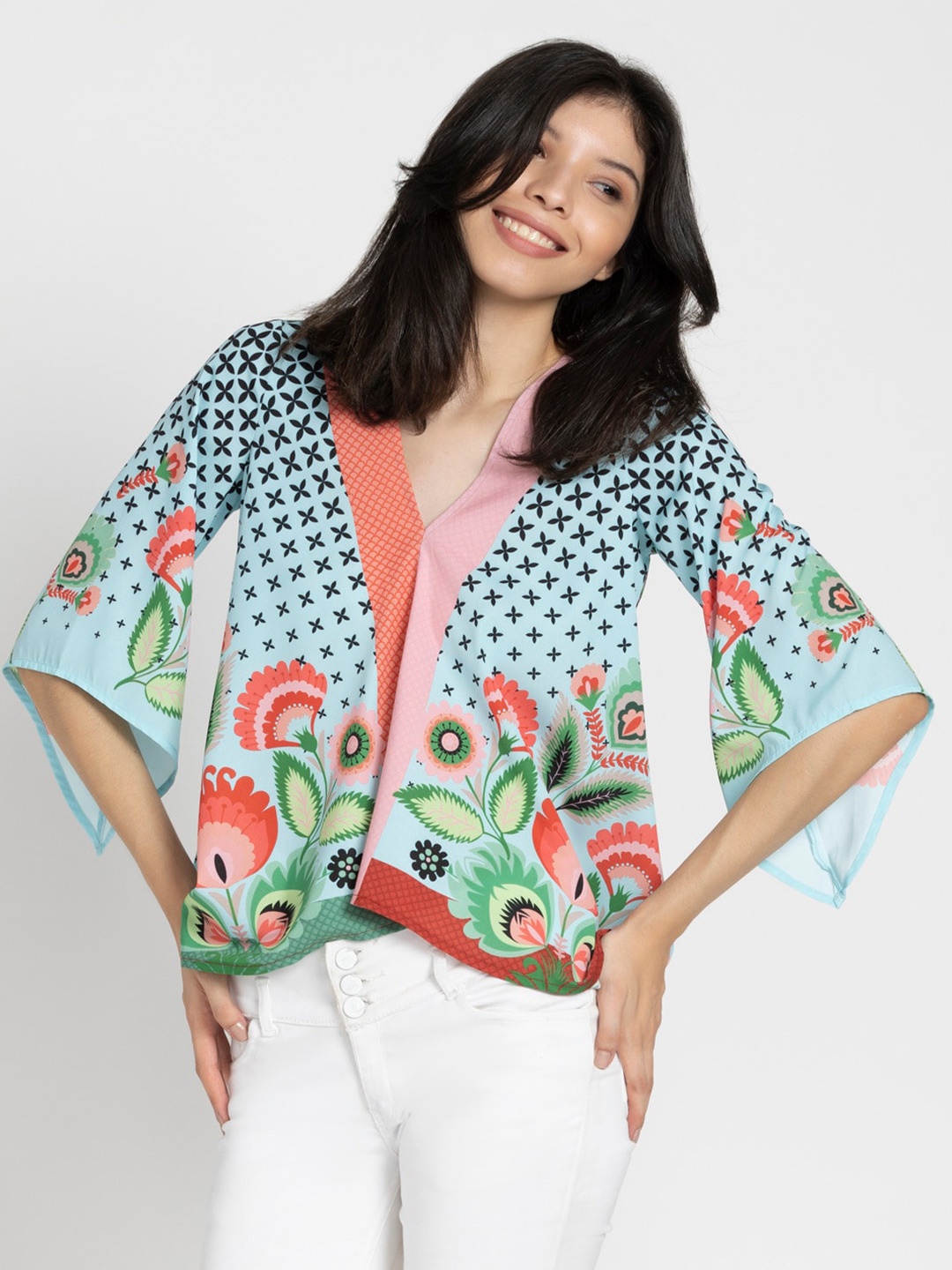

SHAYE Floral Printed Flared Sleeve Crepe A-Line Top, Sea green