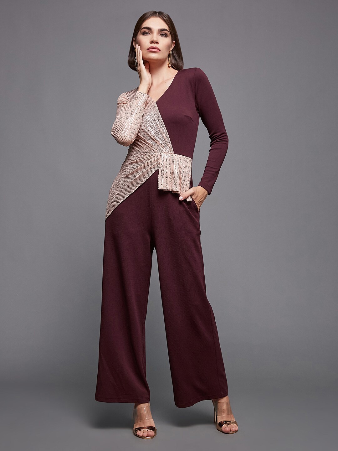 

Miss Chase Maroon & Pink Colourblocked Basic Jumpsuit with Embroidered
