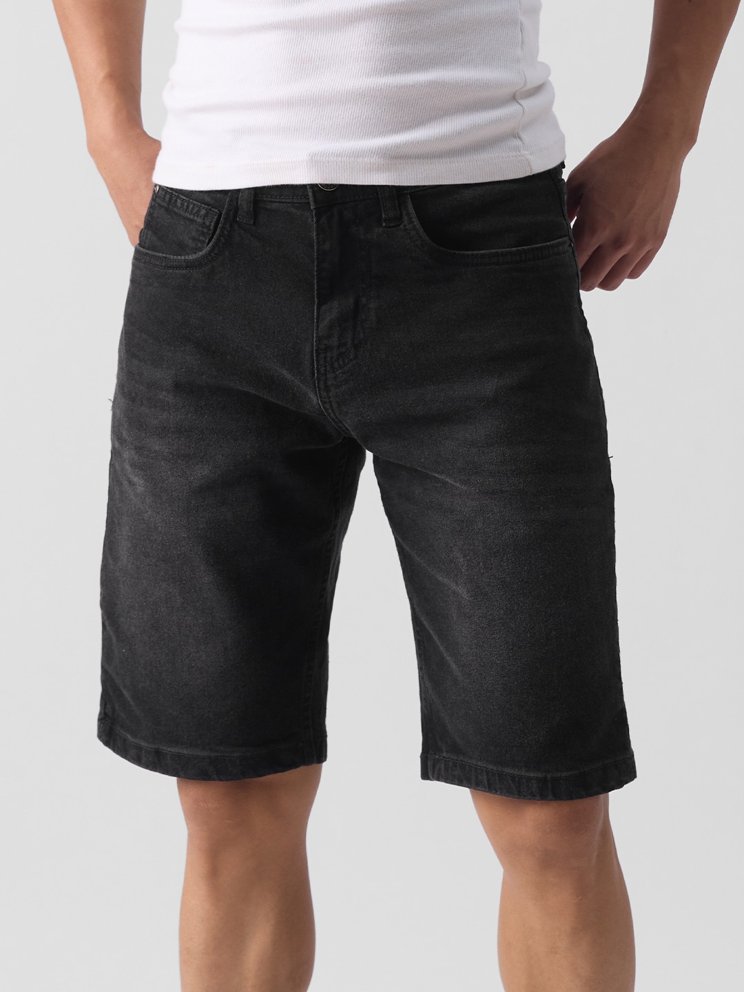 

The Souled Store Men Charcoal Mid-Rise Pure Cotton Denim Shorts