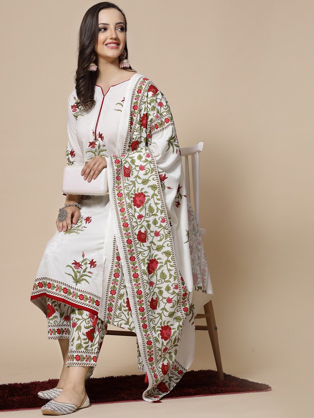 

JAIPURI BUNAAI Floral Printed Straight Kurta With Palazzos & Dupatta, White