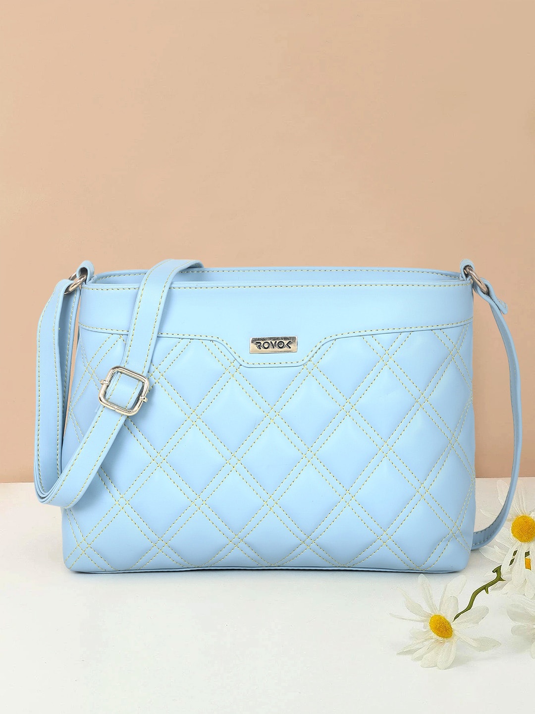 

ROVOK Checked Structured Sling Bag With Quilted, Turquoise blue