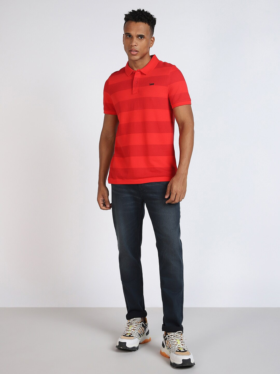 

Lee Striped Polo Collar Cotton Slim Fit T-shirt, Red