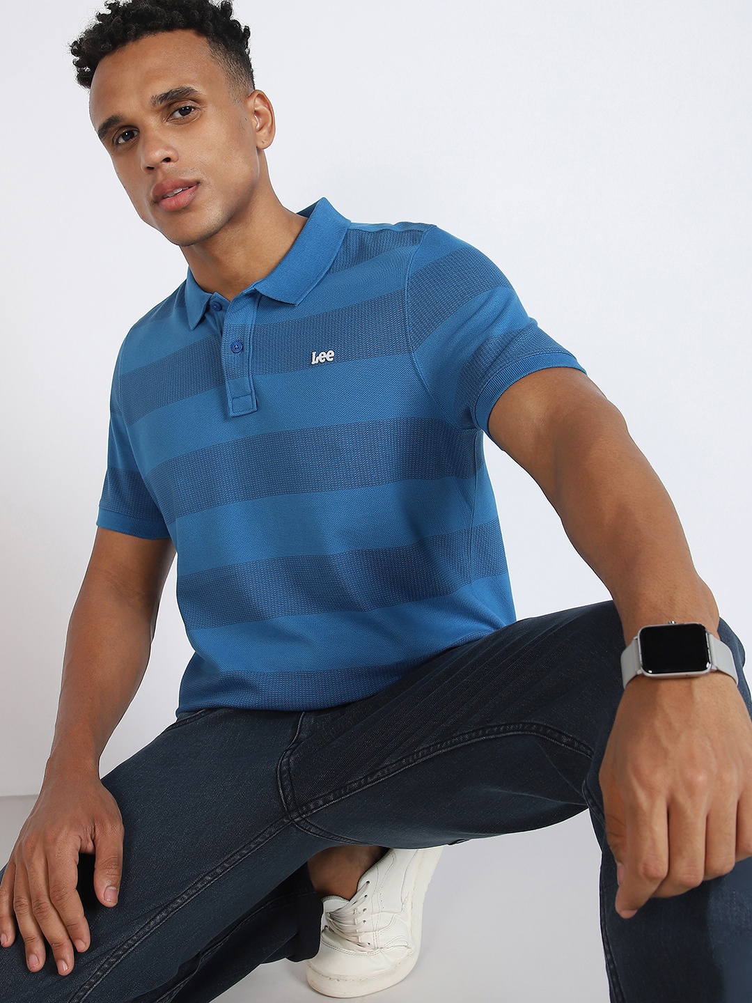 

Lee Striped Polo Collar Cotton Slim Fit T-shirt, Blue